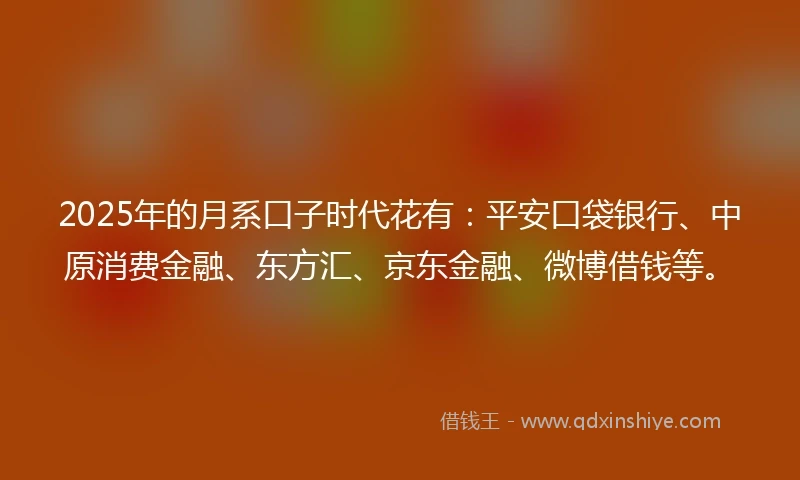 2025年的月系口子时代花有：平安口袋银行、中原消费金融、东方汇、京东金融、微博借钱等。