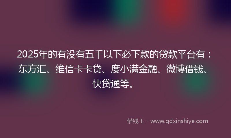 2025年的有没有五千以下必下款的贷款平台有：东方汇、维信卡卡贷、度小满金融、微博借钱、快贷通等。