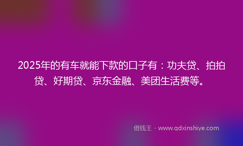 2025年的有车就能下款的口子有：功夫贷、拍拍贷、好期贷、京东金融、美团生活费等。