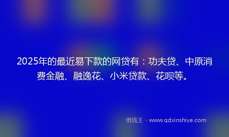 2025年的最近易下款的网贷有:功夫贷、中原消费金融、融逸花、小米贷款、花呗等。