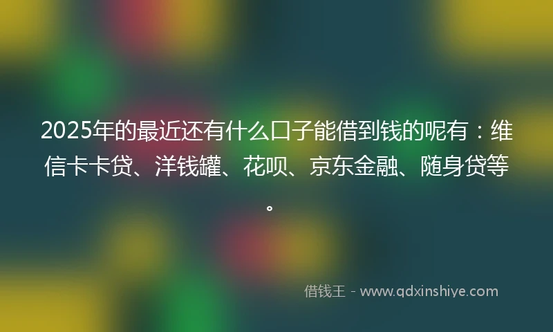 2025年的最近还有什么口子能借到钱的呢有:维信卡卡贷、洋钱罐、花呗、京东金融、随身贷等。