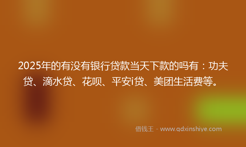 2025年的有没有银行贷款当天下款的吗有：功夫贷、滴水贷、花呗、平安i贷、美团生活费等。