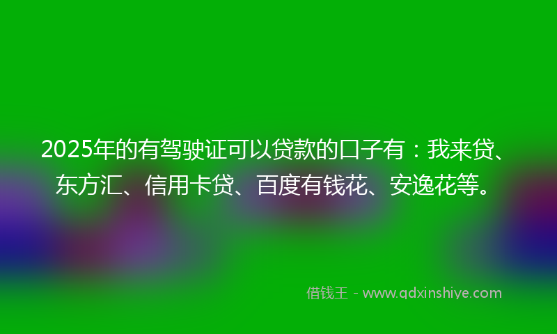 2025年的有驾驶证可以贷款的口子有：我来贷、东方汇、信用卡贷、百度有钱花、安逸花等。