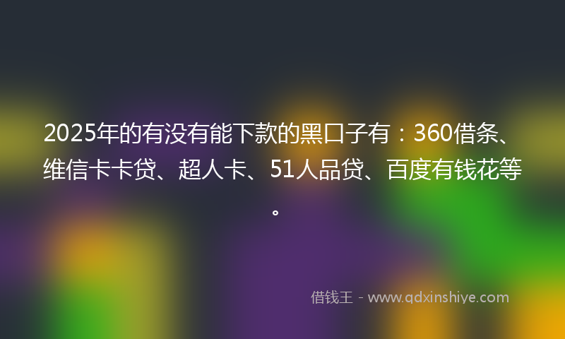 2025年的有没有能下款的黑口子有：360借条、维信卡卡贷、超人卡、51人品贷、百度有钱花等。