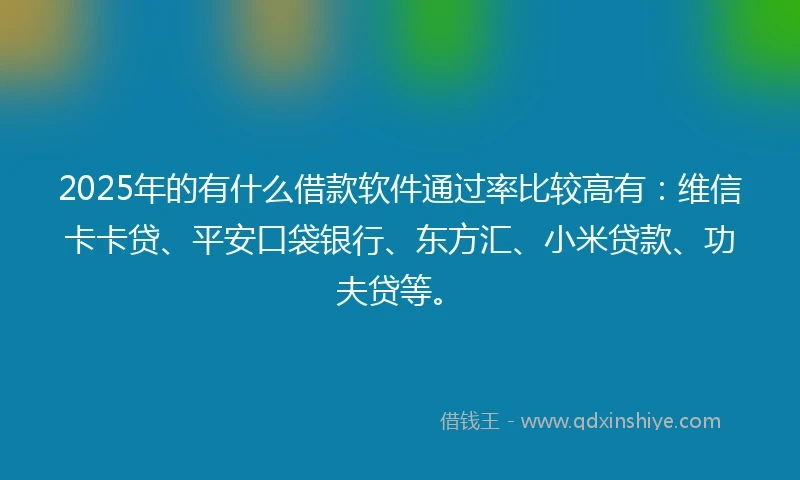 2025年的有什么借款软件通过率比较高有：维信卡卡贷、平安口袋银行、东方汇、小米贷款、功夫贷等。