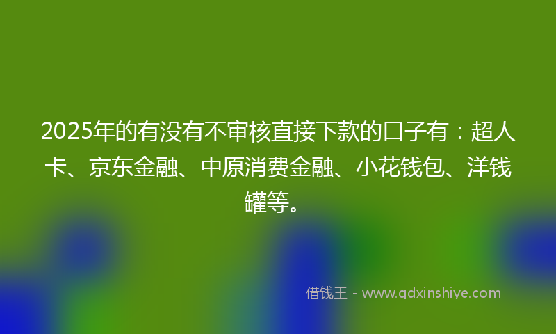 2025年的有没有不审核直接下款的口子有：超人卡、京东金融、中原消费金融、小花钱包、洋钱罐等。