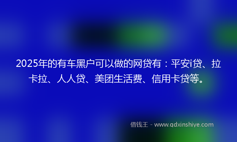 2025年的有车黑户可以做的网贷有：平安i贷、拉卡拉、人人贷、美团生活费、信用卡贷等。