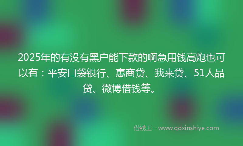 2025年的有没有黑户能下款的啊急用钱高炮也可以有：平安口袋银行、惠商贷、我来贷、51人品贷、微博借钱等。