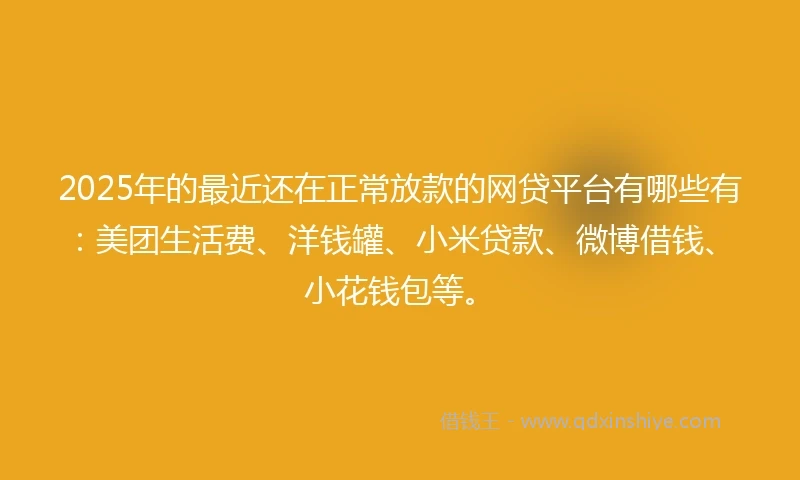2025年的最近还在正常放款的网贷平台有哪些有:美团生活费、洋钱罐、小米贷款、微博借钱、小花钱包等。