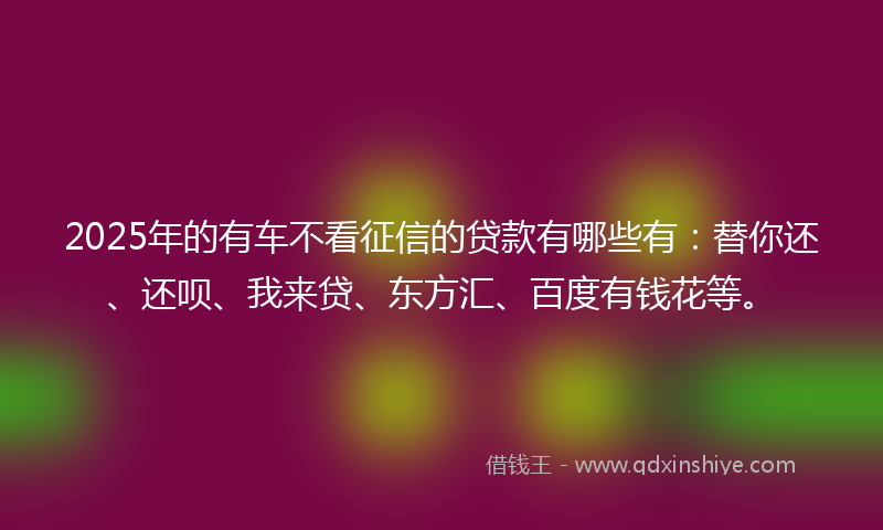 2025年的有车不看征信的贷款有哪些有：替你还、还呗、我来贷、东方汇、百度有钱花等。