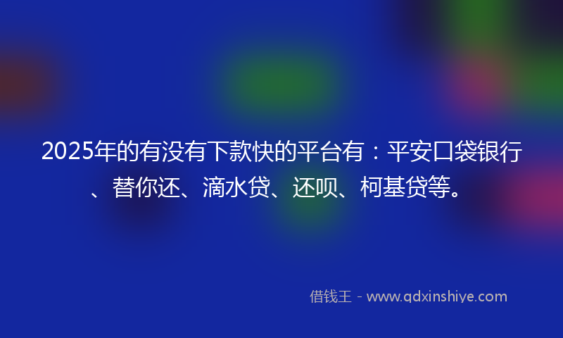 2025年的有没有下款快的平台有：平安口袋银行、替你还、滴水贷、还呗、柯基贷等。