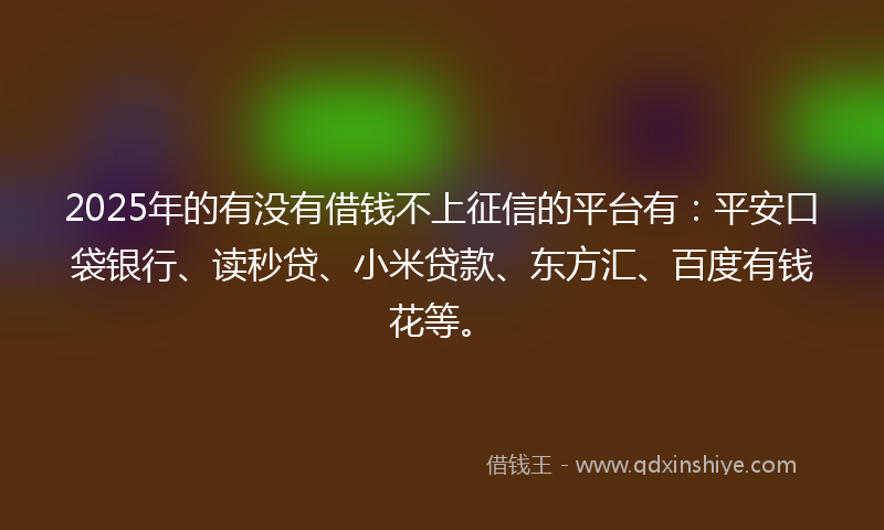 2025年的有没有借钱不上征信的平台有：平安口袋银行、读秒贷、小米贷款、东方汇、百度有钱花等。