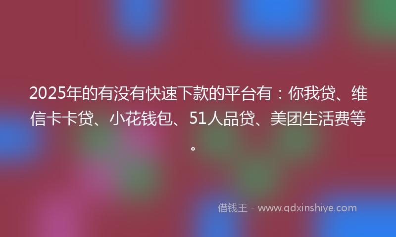 2025年的有没有快速下款的平台有：你我贷、维信卡卡贷、小花钱包、51人品贷、美团生活费等。