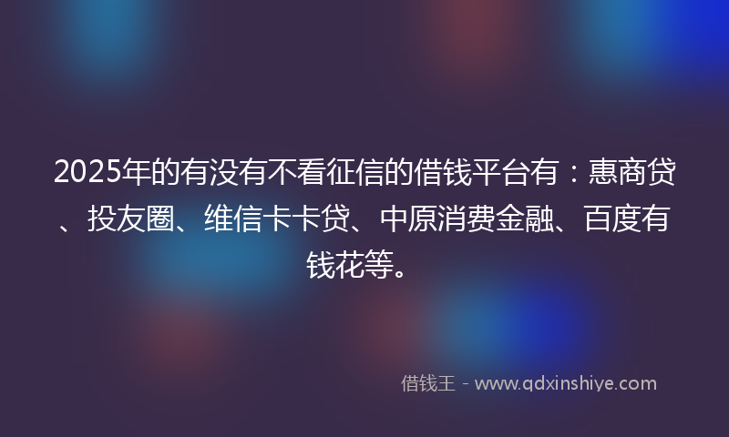 2025年的有没有不看征信的借钱平台有：惠商贷、投友圈、维信卡卡贷、中原消费金融、百度有钱花等。