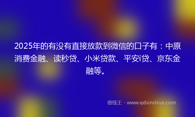 2025年的有没有直接放款到微信的口子有：中原消费金融、读秒贷、小米贷款、平安i贷、京东金融等。
