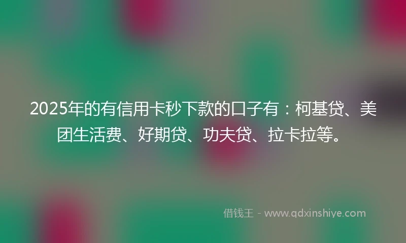 2025年的有信用卡秒下款的口子有：柯基贷、美团生活费、好期贷、功夫贷、拉卡拉等。