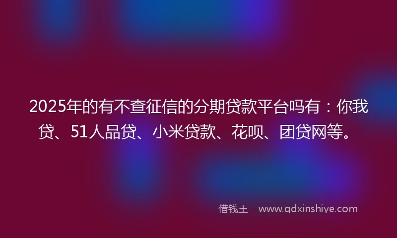 2025年的有不查征信的分期贷款平台吗有：你我贷、51人品贷、小米贷款、花呗、团贷网等。