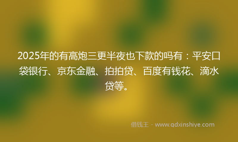 2025年的有高炮三更半夜也下款的吗有：平安口袋银行、京东金融、拍拍贷、百度有钱花、滴水贷等。
