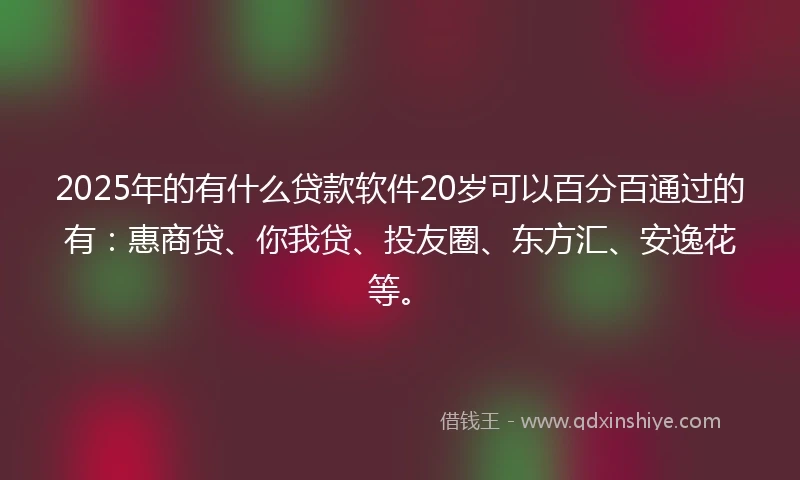 2025年的有什么贷款软件20岁可以百分百通过的有：惠商贷、你我贷、投友圈、东方汇、安逸花等。