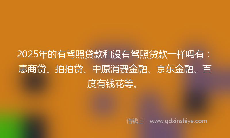 2025年的有驾照贷款和没有驾照贷款一样吗有：惠商贷、拍拍贷、中原消费金融、京东金融、百度有钱花等。