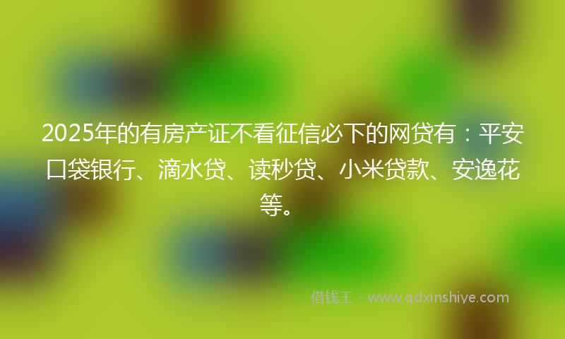 2025年的有房产证不看征信必下的网贷有：平安口袋银行、滴水贷、读秒贷、小米贷款、安逸花等。