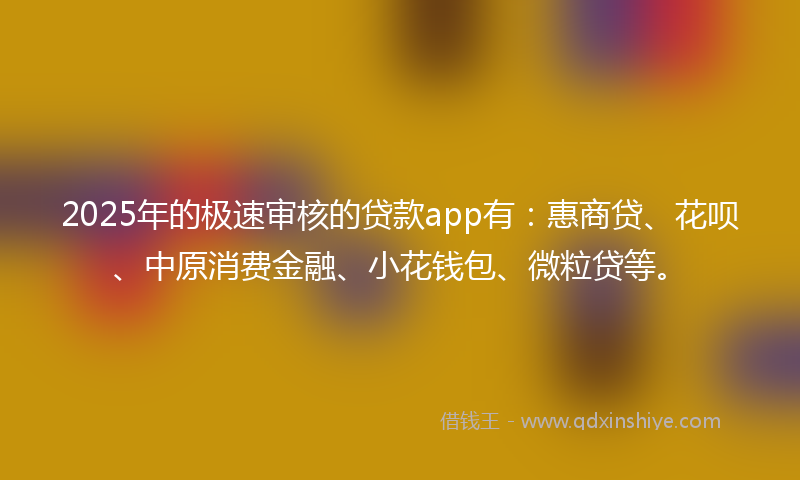 2025年的极速审核的贷款app有：惠商贷、花呗、中原消费金融、小花钱包、微粒贷等。