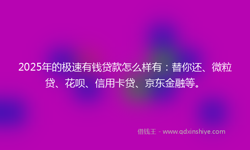 2025年的极速有钱贷款怎么样有：替你还、微粒贷、花呗、信用卡贷、京东金融等。