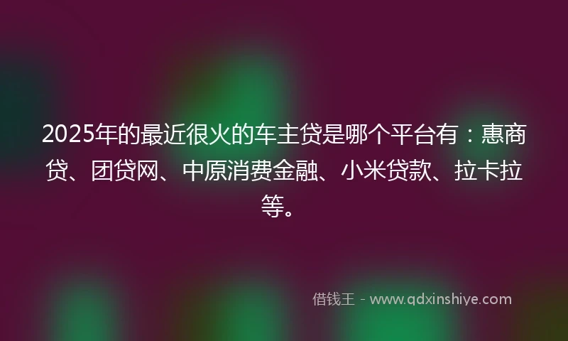 2025年的最近很火的车主贷是哪个平台有：惠商贷、团贷网、中原消费金融、小米贷款、拉卡拉等。