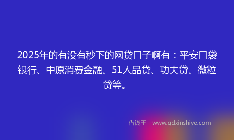 2025年的有没有秒下的网贷口子啊有：平安口袋银行、中原消费金融、51人品贷、功夫贷、微粒贷等。