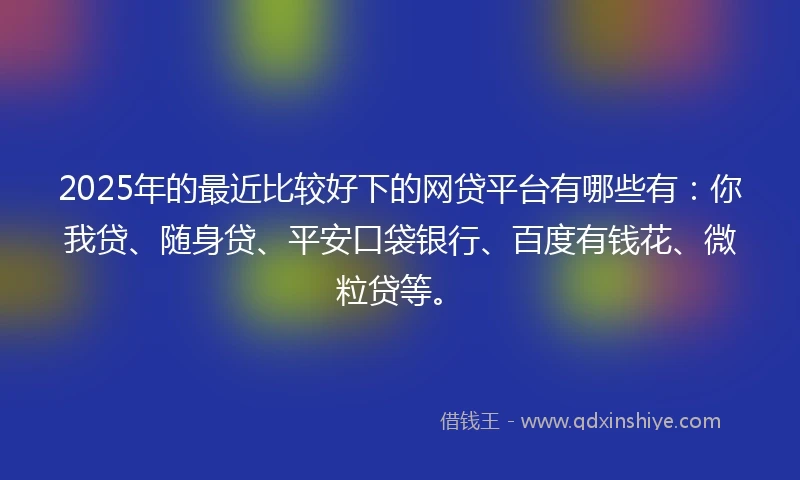 2025年的最近比较好下的网贷平台有哪些有:你我贷、随身贷、平安口袋银行、百度有钱花、微粒贷等。