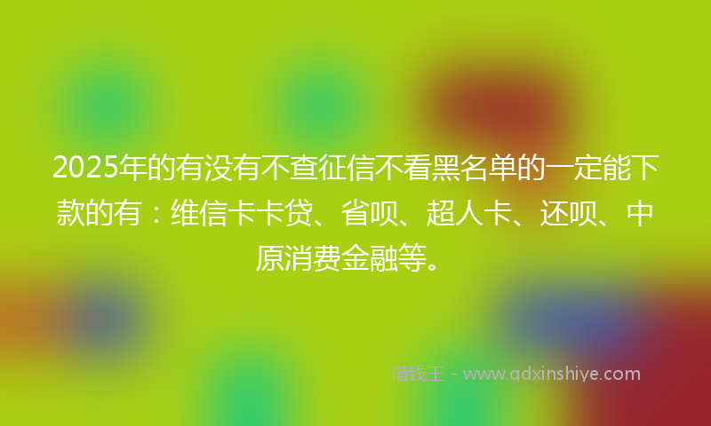 2025年的有没有不查征信不看黑名单的一定能下款的有：维信卡卡贷、省呗、超人卡、还呗、中原消费金融等。