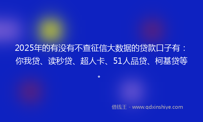 2025年的有没有不查征信大数据的贷款口子有：你我贷、读秒贷、超人卡、51人品贷、柯基贷等。