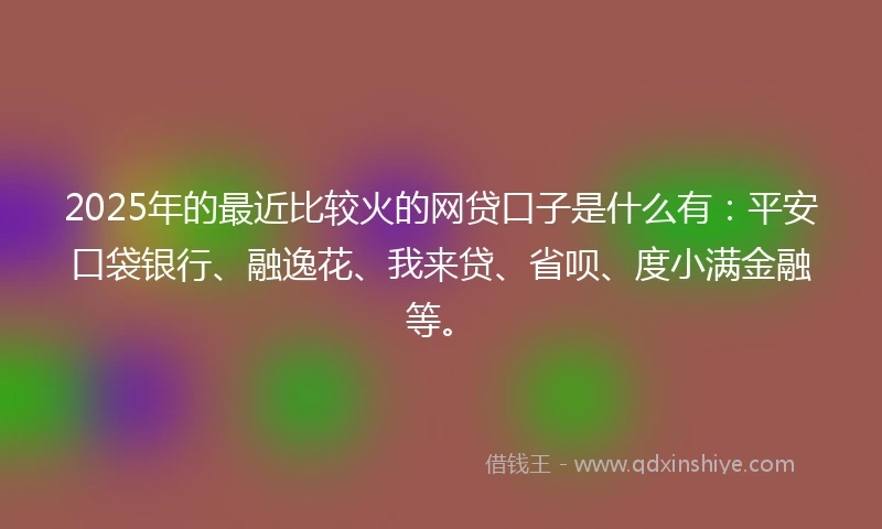 2025年的最近比较火的网贷口子是什么有:平安口袋银行、融逸花、我来贷、省呗、度小满金融等。