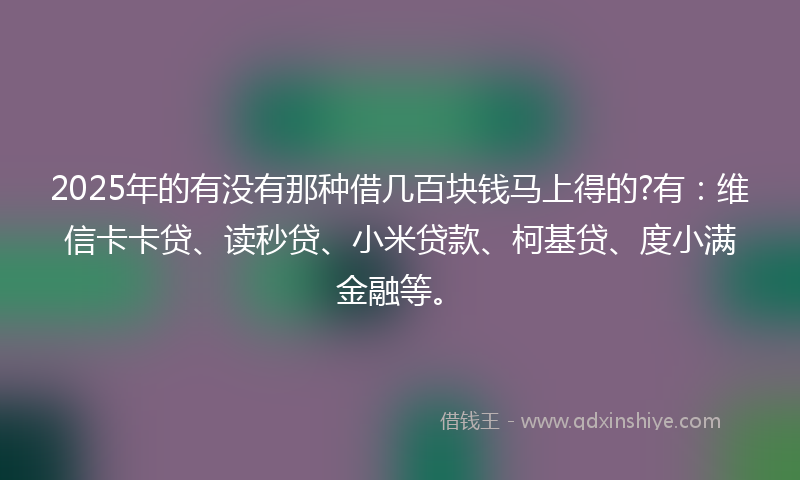 2025年的有没有那种借几百块钱马上得的?有：维信卡卡贷、读秒贷、小米贷款、柯基贷、度小满金融等。