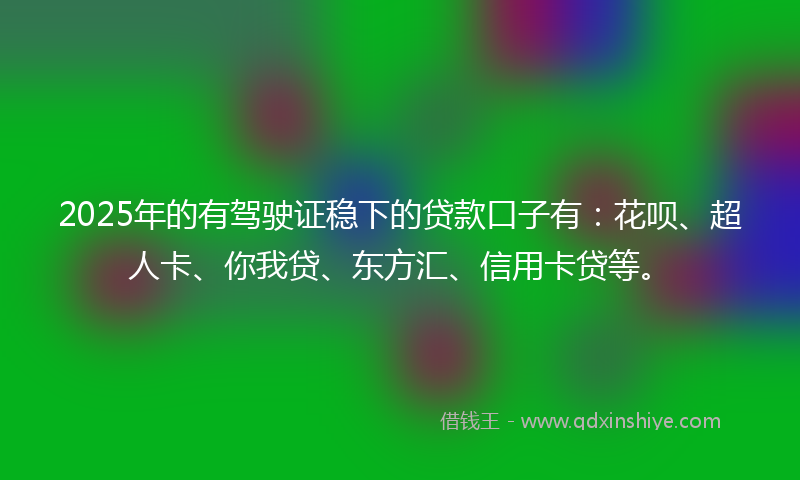 2025年的有驾驶证稳下的贷款口子有：花呗、超人卡、你我贷、东方汇、信用卡贷等。