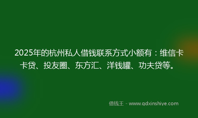 2025年的杭州私人借钱联系方式小额有：维信卡卡贷、投友圈、东方汇、洋钱罐、功夫贷等。