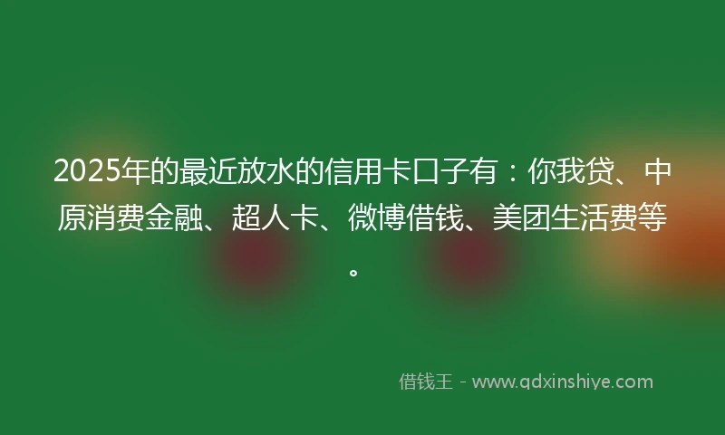 2025年的最近放水的信用卡口子有：你我贷、中原消费金融、超人卡、微博借钱、美团生活费等。