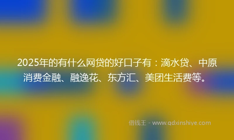 2025年的有什么网贷的好口子有：滴水贷、中原消费金融、融逸花、东方汇、美团生活费等。
