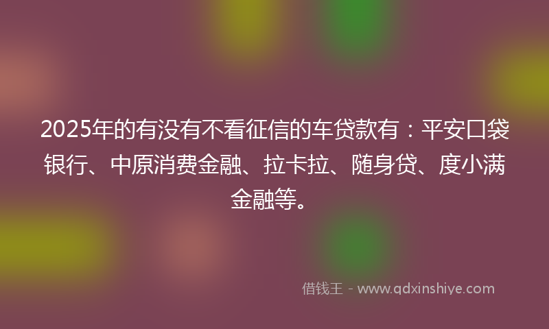 2025年的有没有不看征信的车贷款有：平安口袋银行、中原消费金融、拉卡拉、随身贷、度小满金融等。