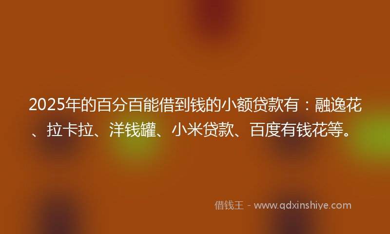2025年的百分百能借到钱的小额贷款有：融逸花、拉卡拉、洋钱罐、小米贷款、百度有钱花等。