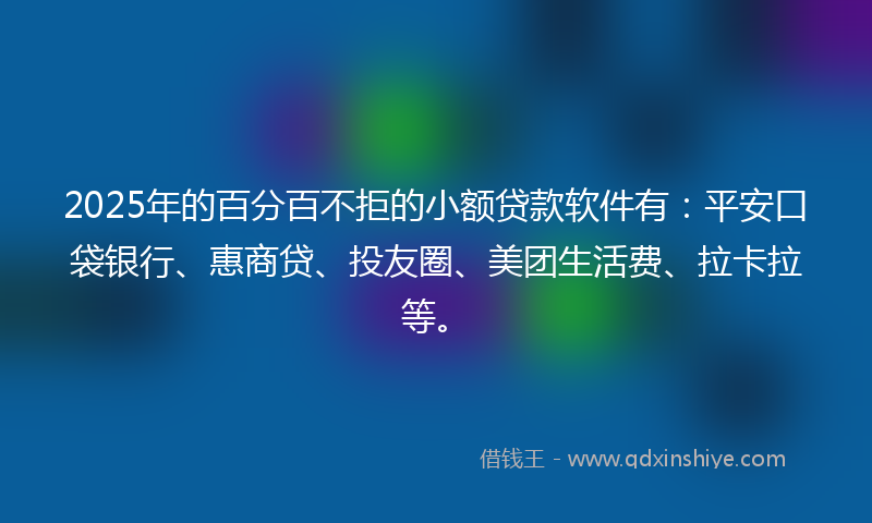 2025年的百分百不拒的小额贷款软件有：平安口袋银行、惠商贷、投友圈、美团生活费、拉卡拉等。