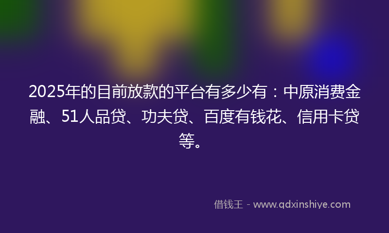 2025年的目前放款的平台有多少有：中原消费金融、51人品贷、功夫贷、百度有钱花、信用卡贷等。