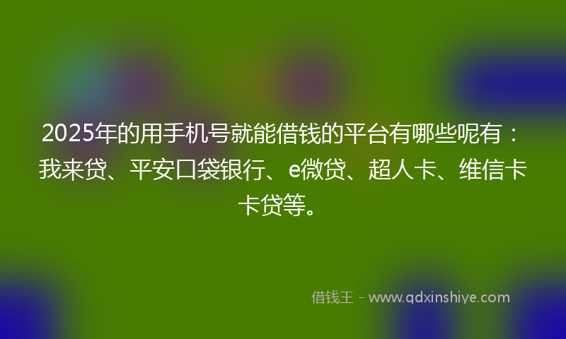 2025年的用手机号就能借钱的平台有哪些呢有：我来贷、平安口袋银行、e微贷、超人卡、维信卡卡贷等。