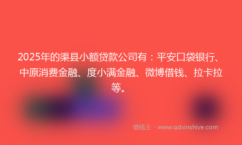 2025年的渠县小额贷款公司有：平安口袋银行、中原消费金融、度小满金融、微博借钱、拉卡拉等。