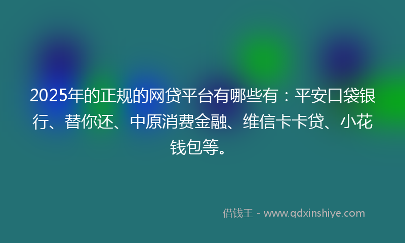 2025年的正规的网贷平台有哪些有：平安口袋银行、替你还、中原消费金融、维信卡卡贷、小花钱包等。