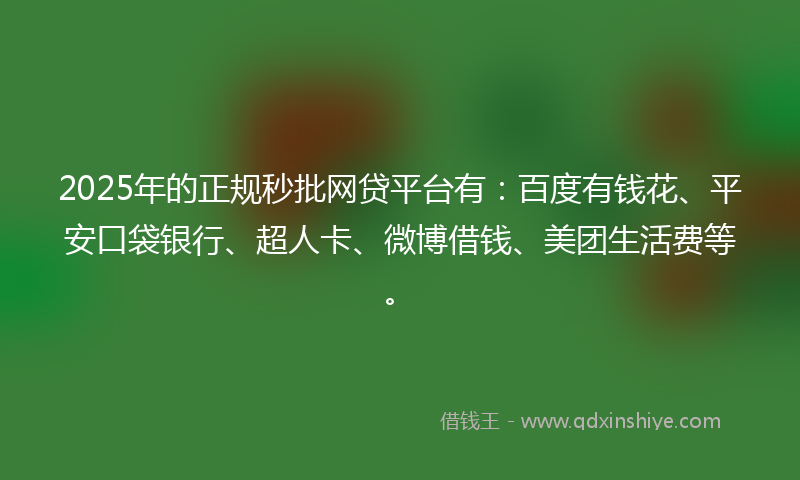 2025年的正规秒批网贷平台有：百度有钱花、平安口袋银行、超人卡、微博借钱、美团生活费等。