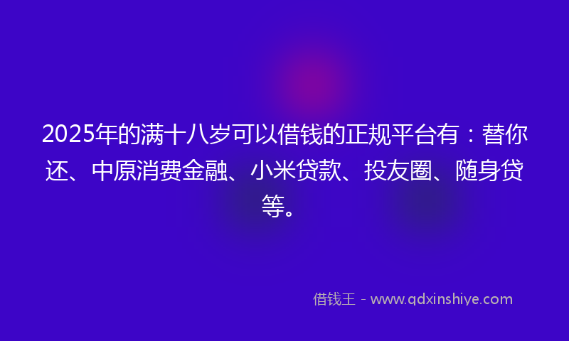 2025年的满十八岁可以借钱的正规平台有：替你还、中原消费金融、小米贷款、投友圈、随身贷等。