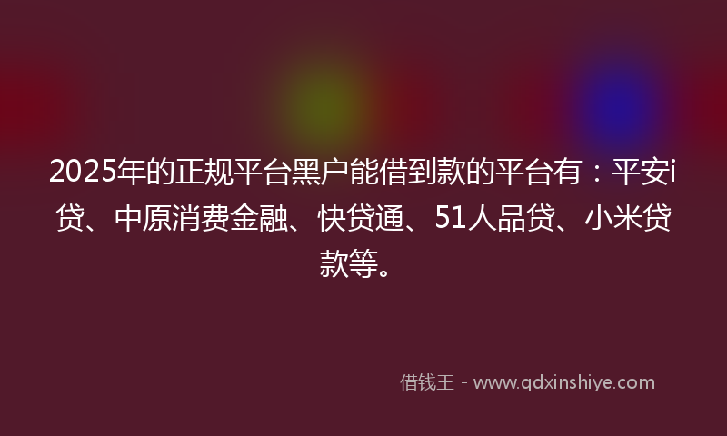 2025年的正规平台黑户能借到款的平台有：平安i贷、中原消费金融、快贷通、51人品贷、小米贷款等。