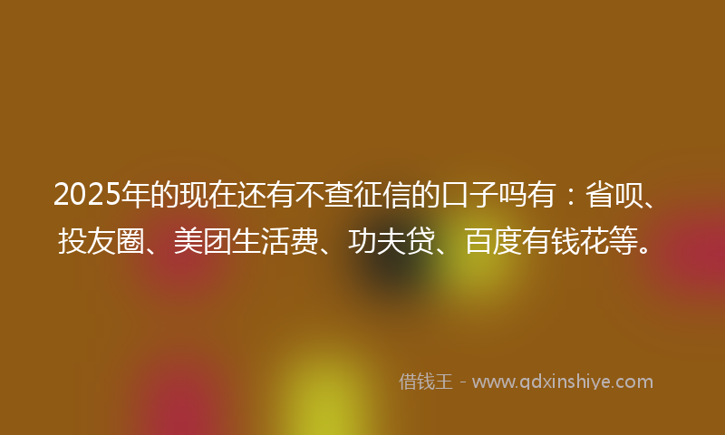 2025年的现在还有不查征信的口子吗有：省呗、投友圈、美团生活费、功夫贷、百度有钱花等。