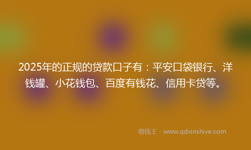 2025年的正规的贷款口子有：平安口袋银行、洋钱罐、小花钱包、百度有钱花、信用卡贷等。